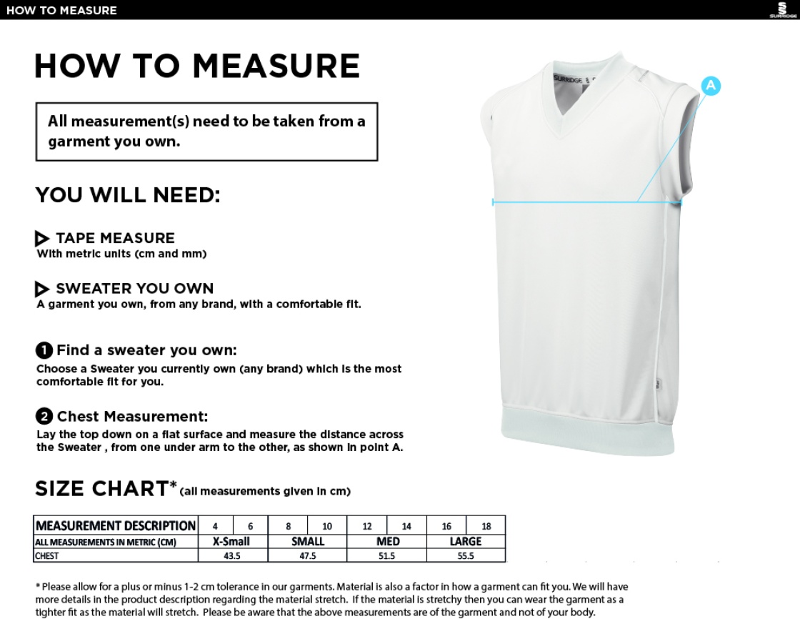 Whiteley Village CC Blast Sleeveless Women's Cricket Sweater - Size Guide