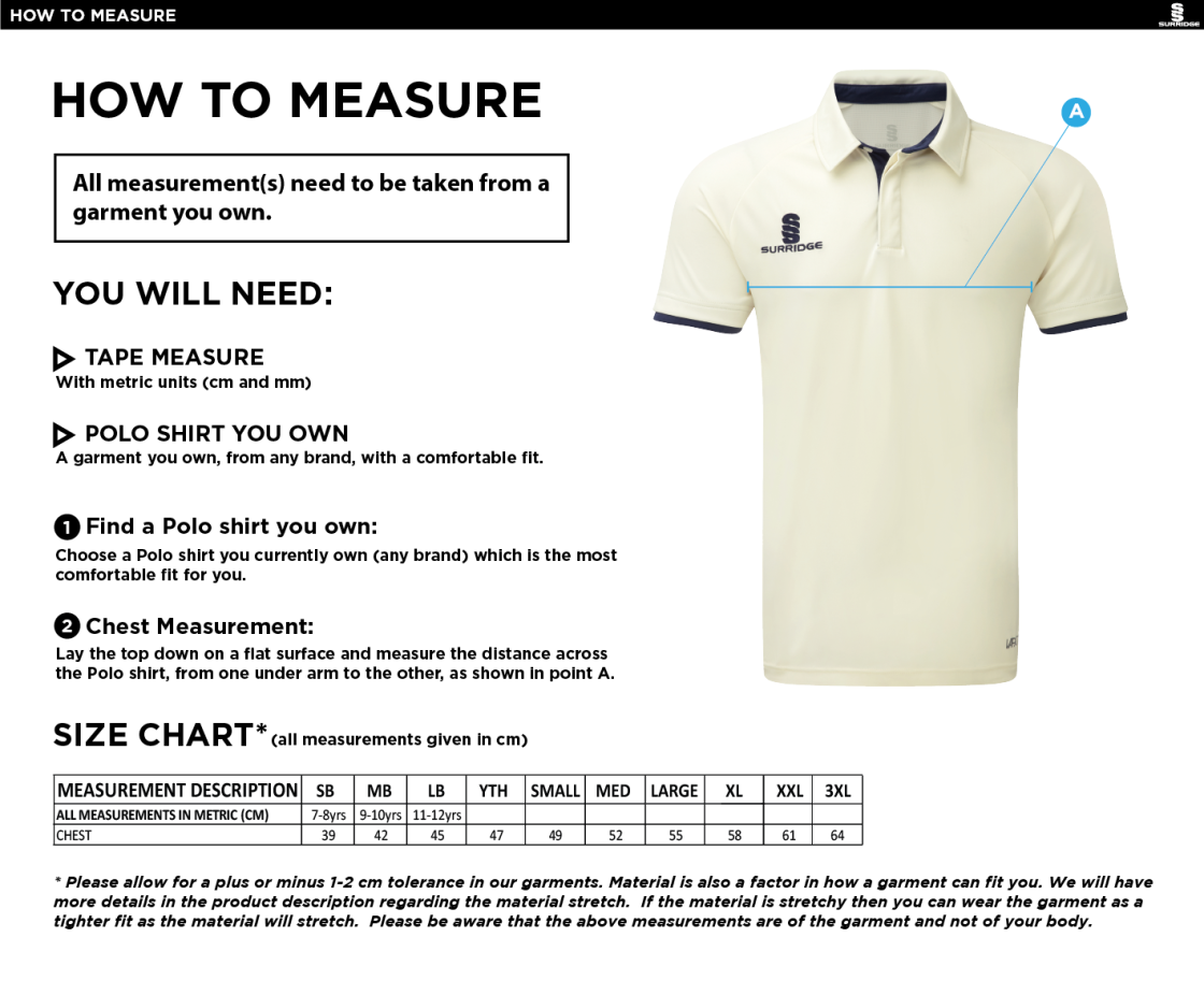 Whiteley Village Cricket Club Short Sleeved Tek Playing Shirt - Size Guide