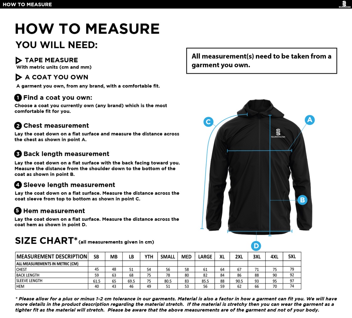 Whitley Village Cricket Club Lightweight Full Zip Training Jacket - Size Guide