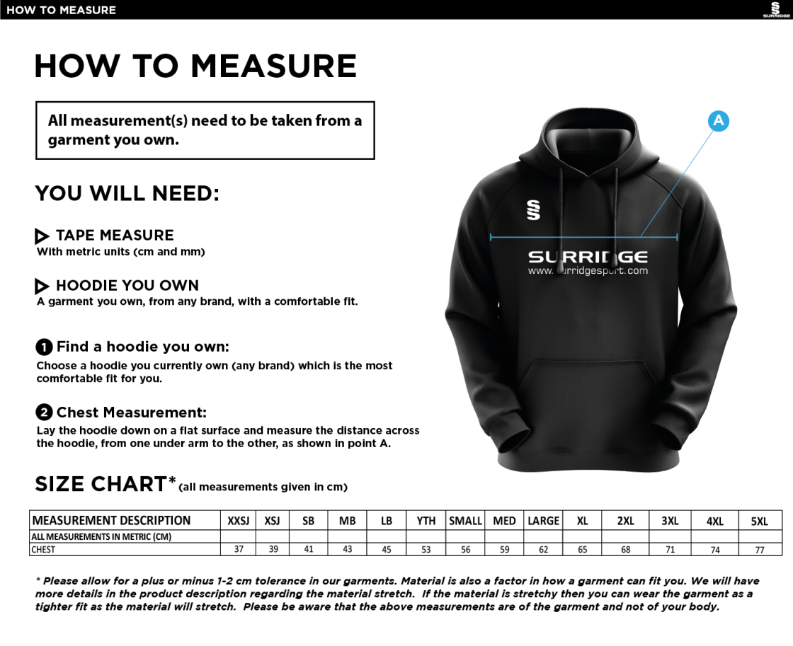 Whiteley Village Cricket Club Fuse Hoody - Size Guide
