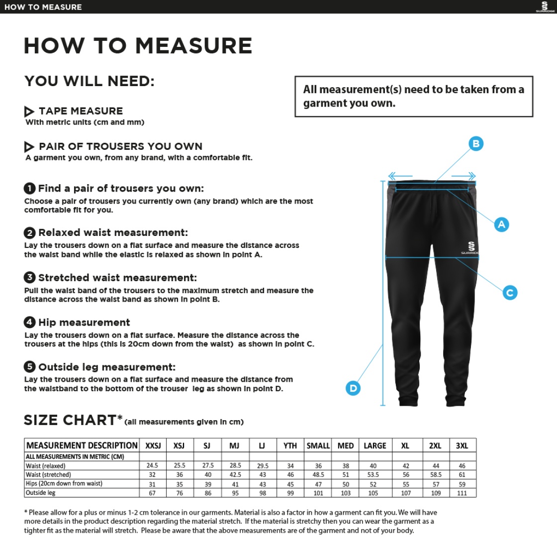 Whiteley Village Cricket Club Dual Tek Pants - Size Guide