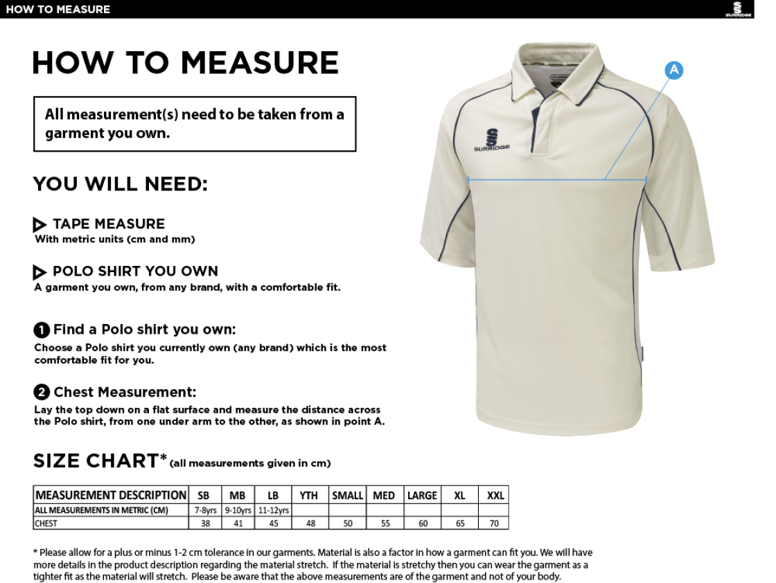 Whiteley Village Cricket Club Premier 3/4 Sleeve Playing Shirt - Size Guide