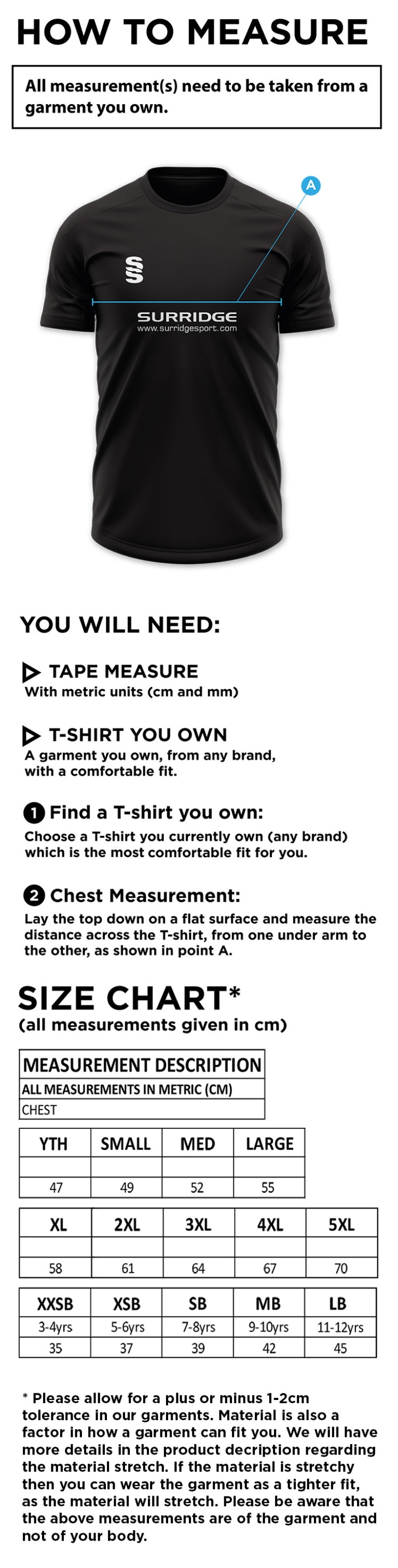 Whiteley Village Cricket Club Dual Training Gym Shirt - Size Guide