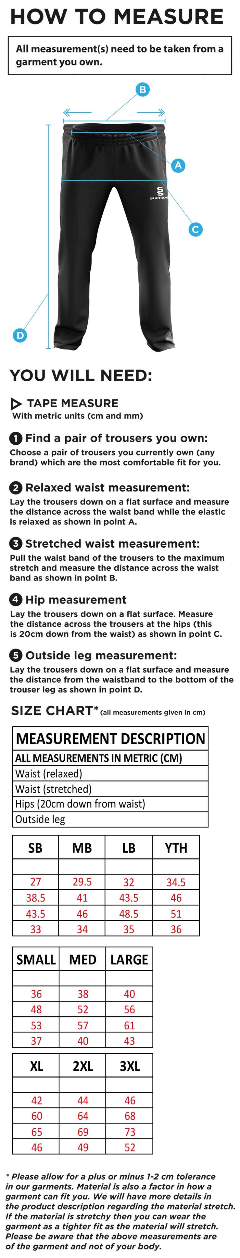 Whiteley  Village Cricket Club Ripstop Track Pant - Size Guide