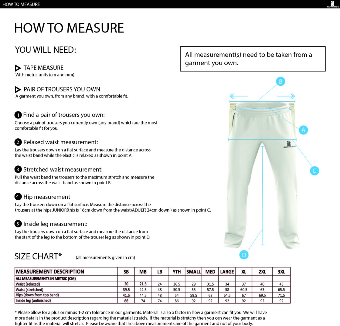 Whiteley CC Standard Playing Pant - Size Guide