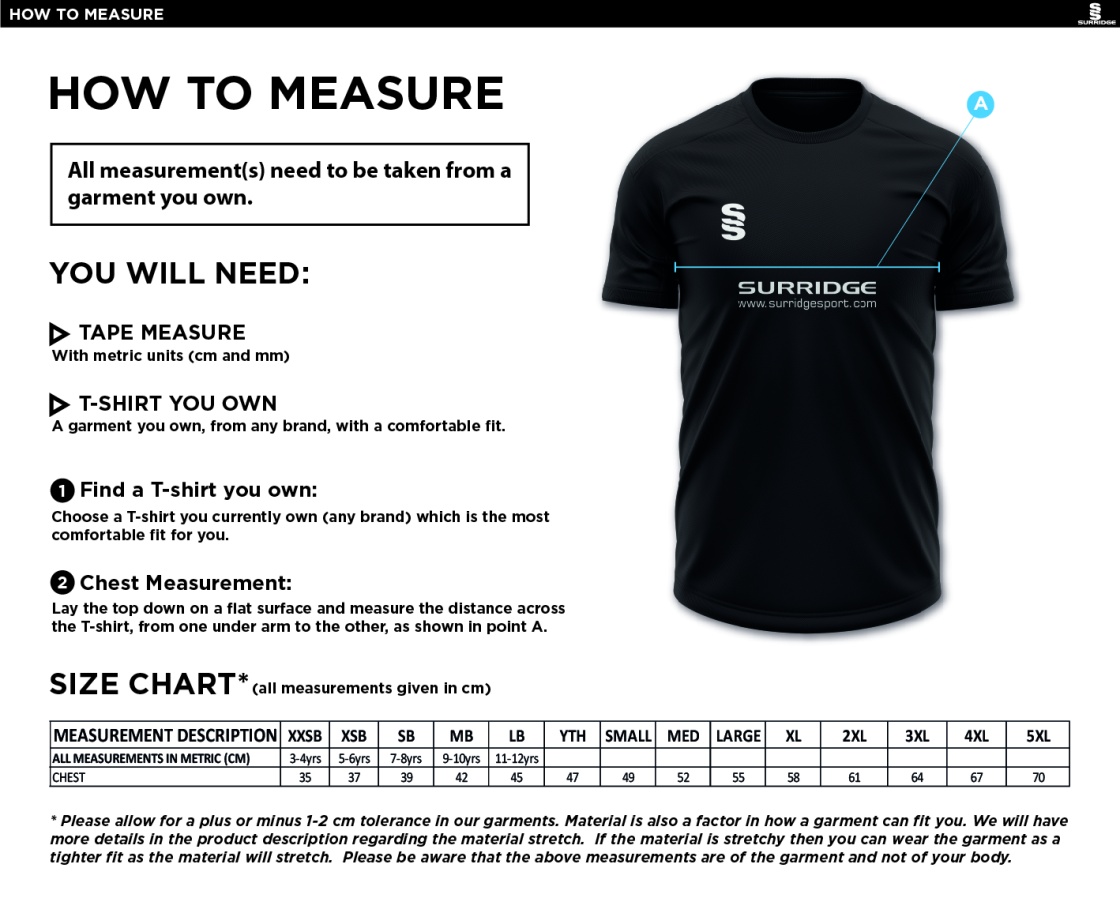 Whiteley Village Cricket Club Dual Training Gym Shirt - Size Guide