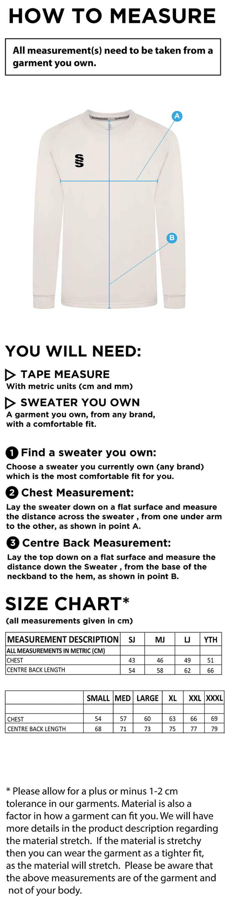 Whiteley Village CC Blast Long Sleeve Cricket Sweater - Size Guide