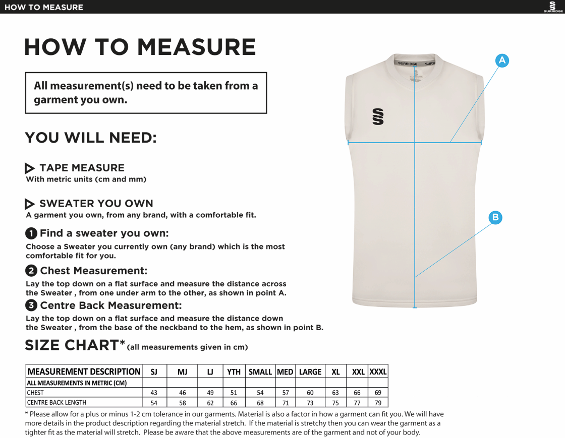 Whiteley Village CC Blast Sleeveless Cricket Sweater - Size Guide
