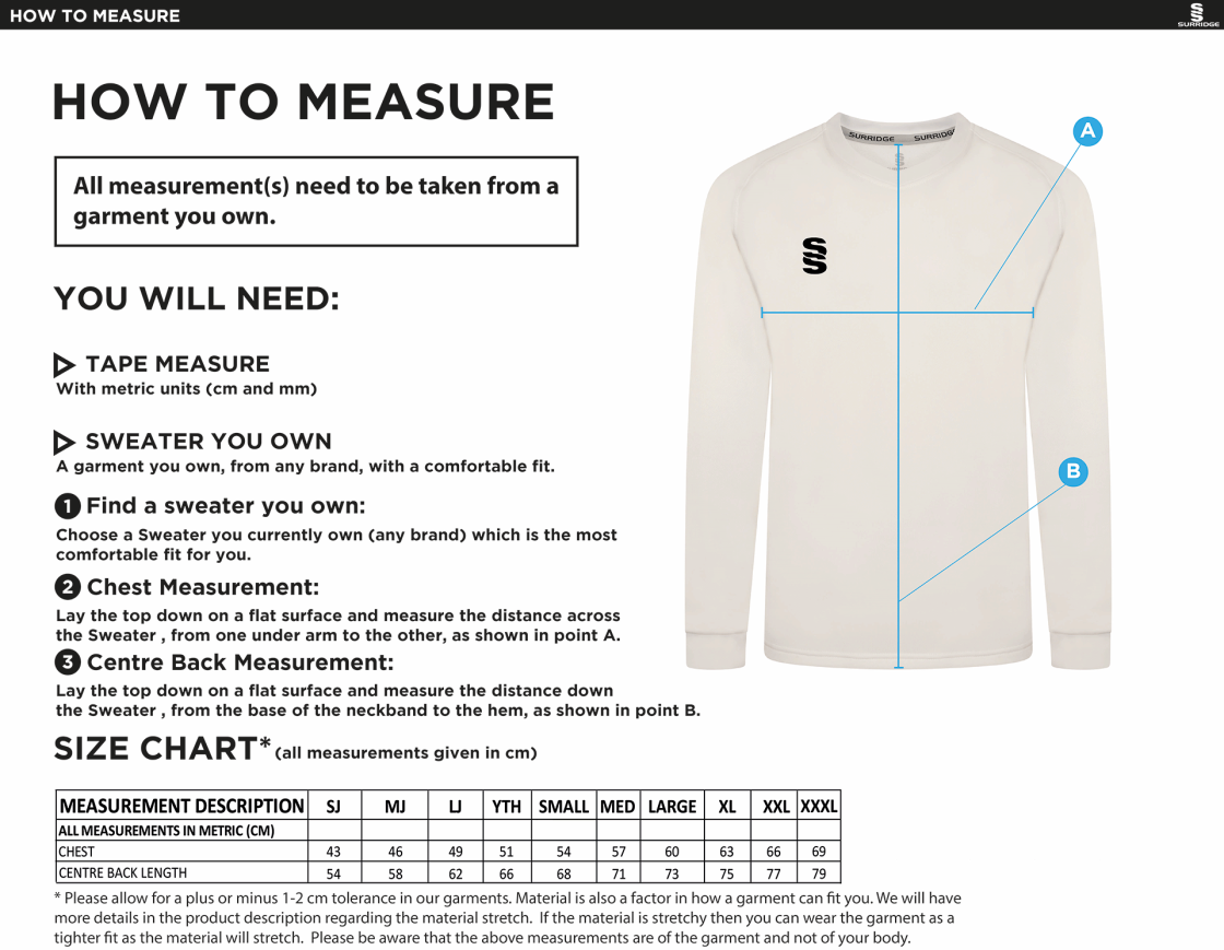 Whiteley Village CC Blast Long Sleeve Cricket Sweater - Size Guide
