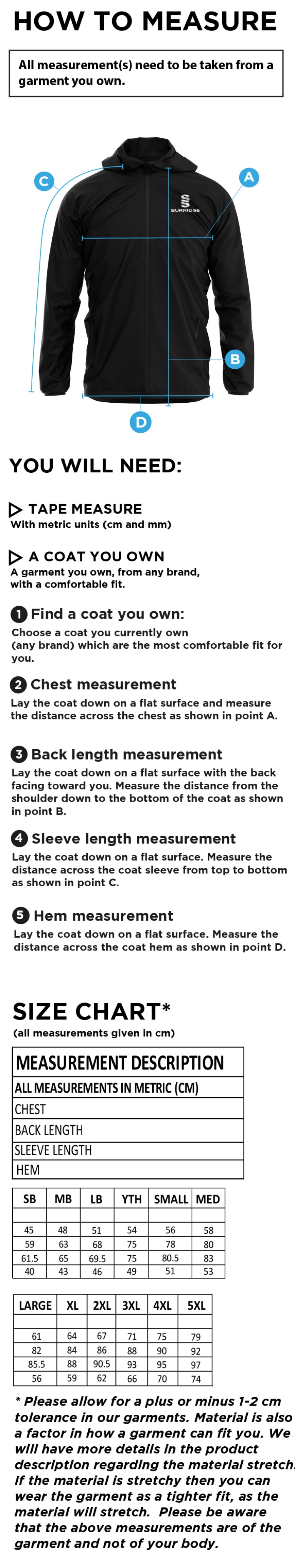 Whitley Village Cricket Club Lightweight Full Zip Training Jacket - Size Guide