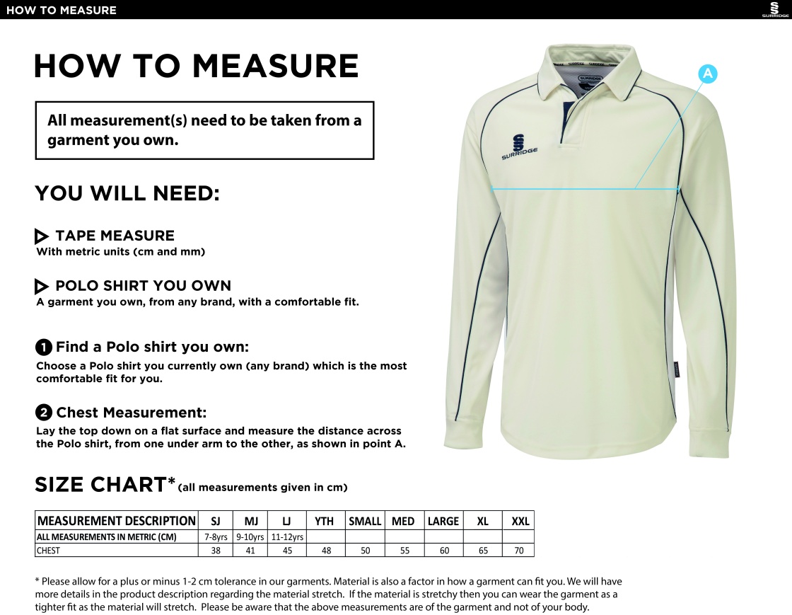 Whiteley Village Cricket Club Premier Long Sleeve Playing Shirt - Size Guide