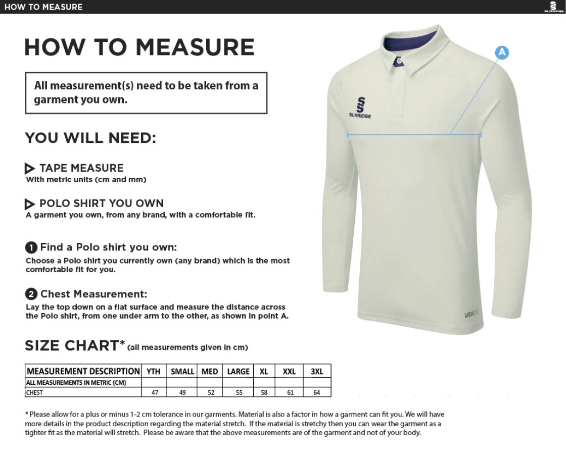 Whiteley Village Cricket Club Senior Long Sleeved Tek Playing Shirt - Size Guide