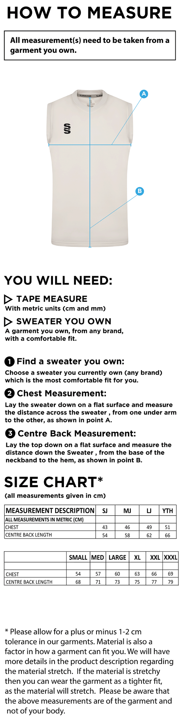 Whiteley Village CC Blast Sleeveless Cricket Sweater - Size Guide
