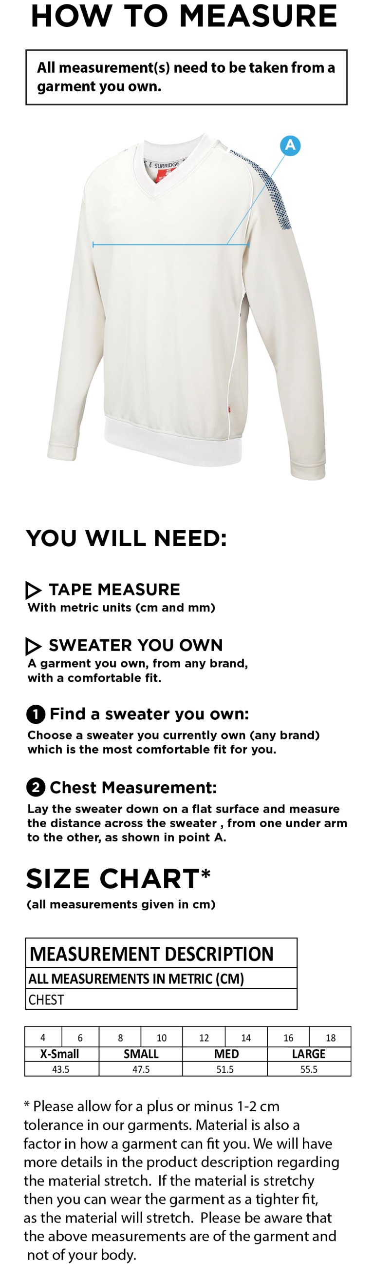 Whiteley Village CC Blast Long Sleeve Women's Cricket Sweater - Size Guide