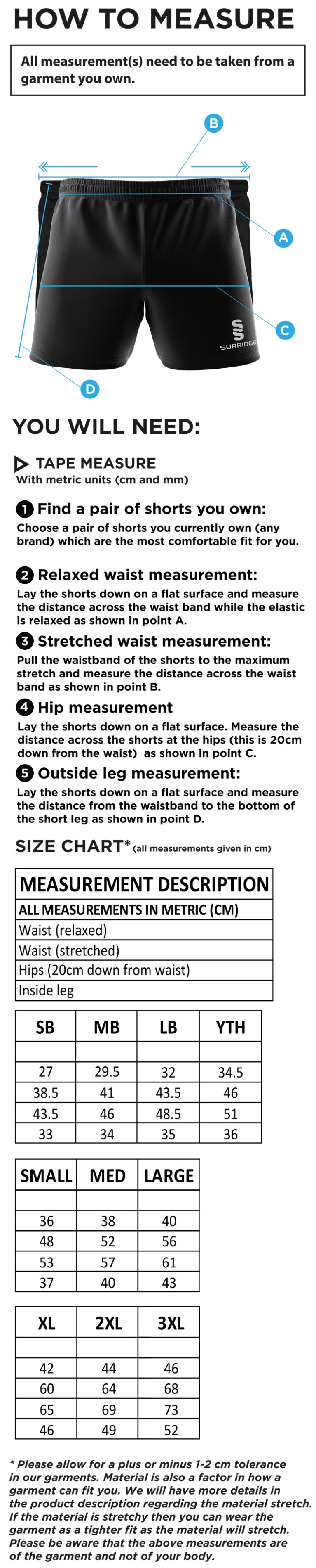 Whiteley Village Cricket Club Dual Gym Shorts - Size Guide