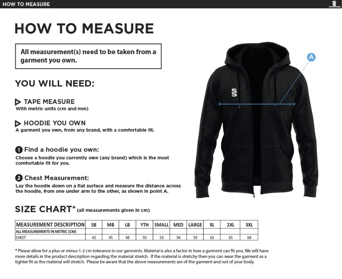 Whiteley Village Cricket Club Dual Bonded Full Zip Hoody - Size Guide