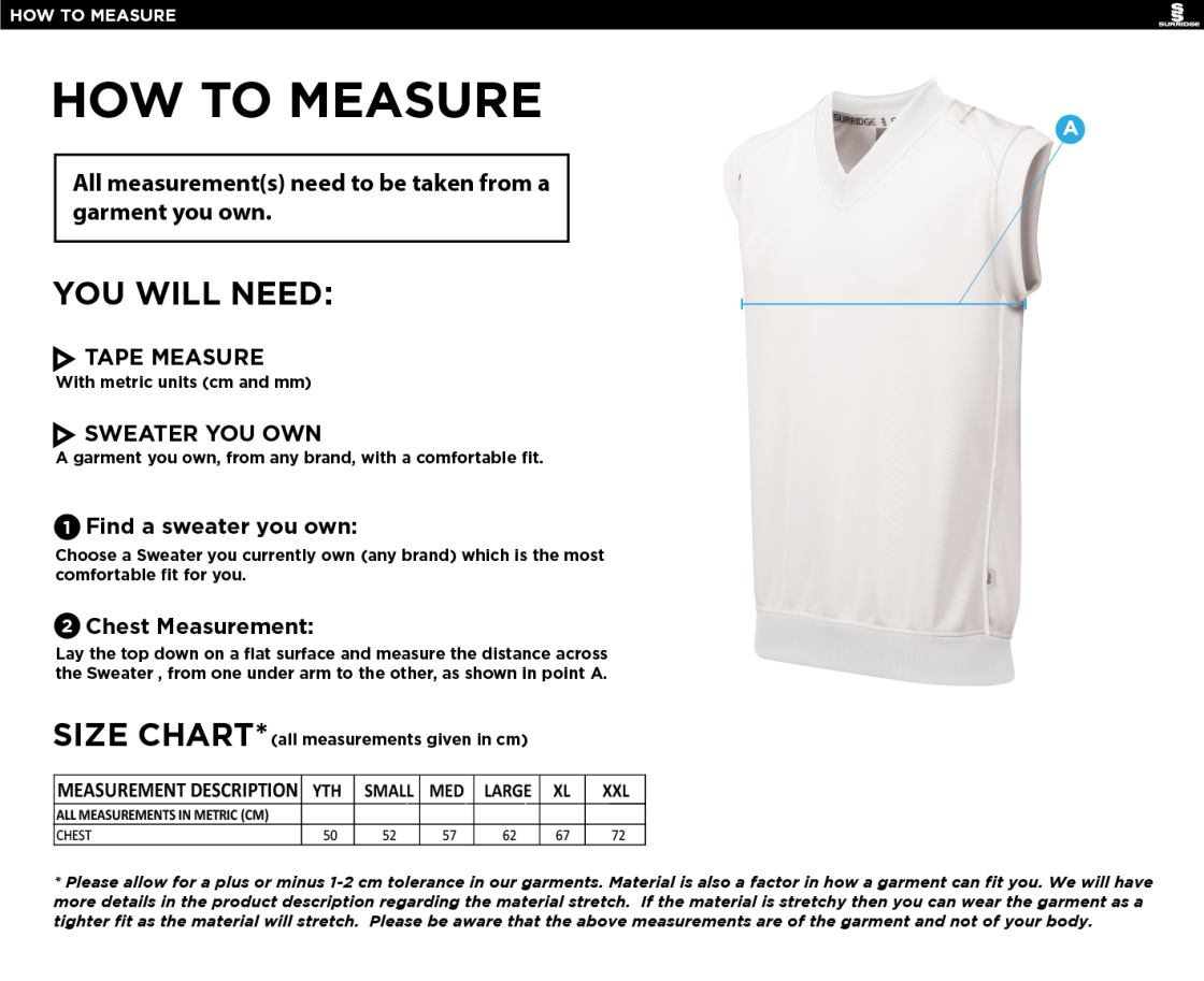 Whiteley Village Cricket Club Curve Sleeveless Sweater - Size Guide