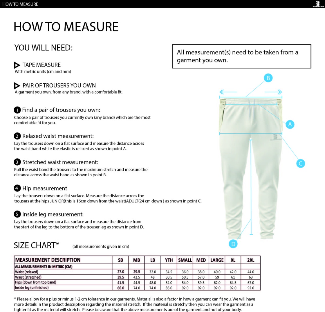 Whiteley Village Cricket Club Tek Cricket Trousers - Size Guide