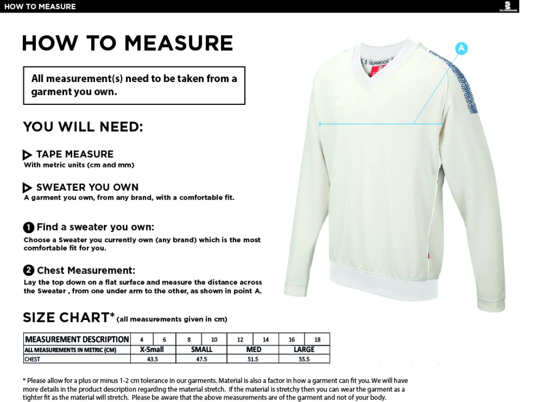 Whiteley Village CC Blast Long Sleeve Women's Cricket Sweater - Size Guide