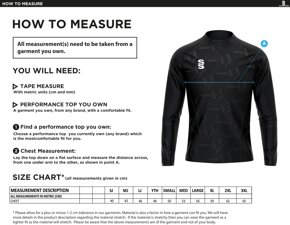 Whiteley CC Impact 1/4 Zip Performance Top : Black - Size Guide