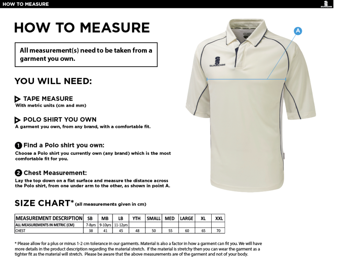 Whiteley Village Cricket Club Premier 3/4 Sleeve Playing Shirt - Size Guide