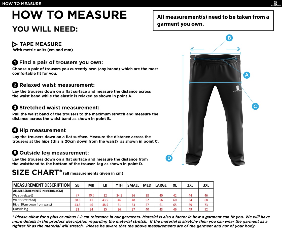 Whiteley  Village Cricket Club Ripstop Track Pant - Size Guide