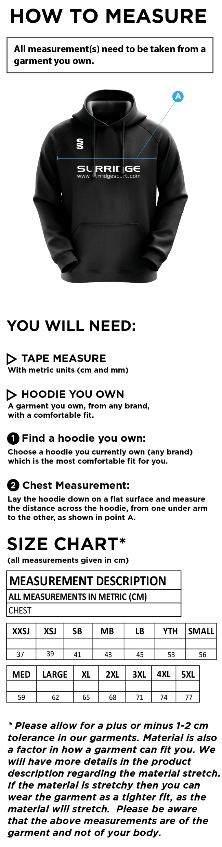 Whiteley Village Cricket Club Fuse Hoody - Size Guide