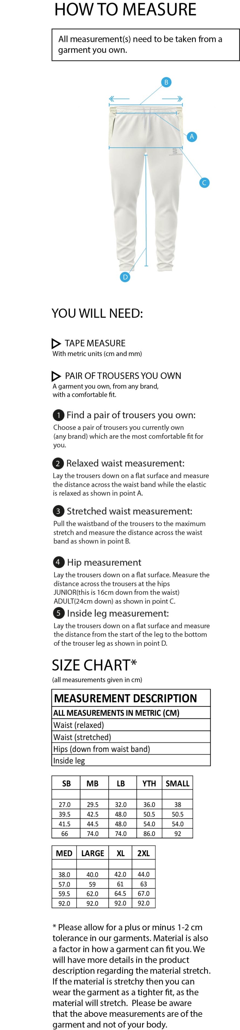 Whiteley Village Cricket Club Tek Cricket Trousers - Size Guide