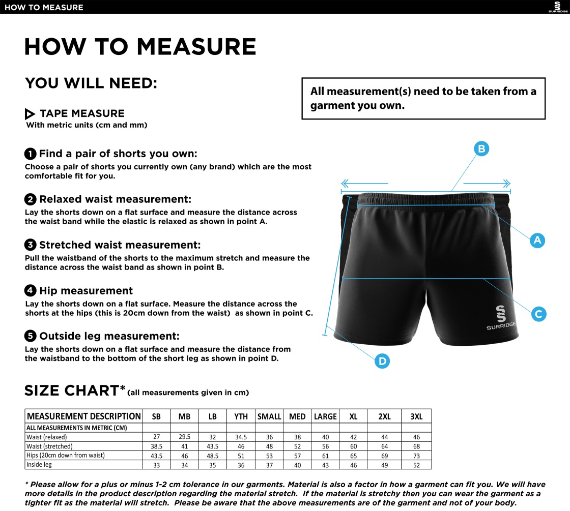 Whiteley Village Cricket Club Dual Gym Shorts - Size Guide