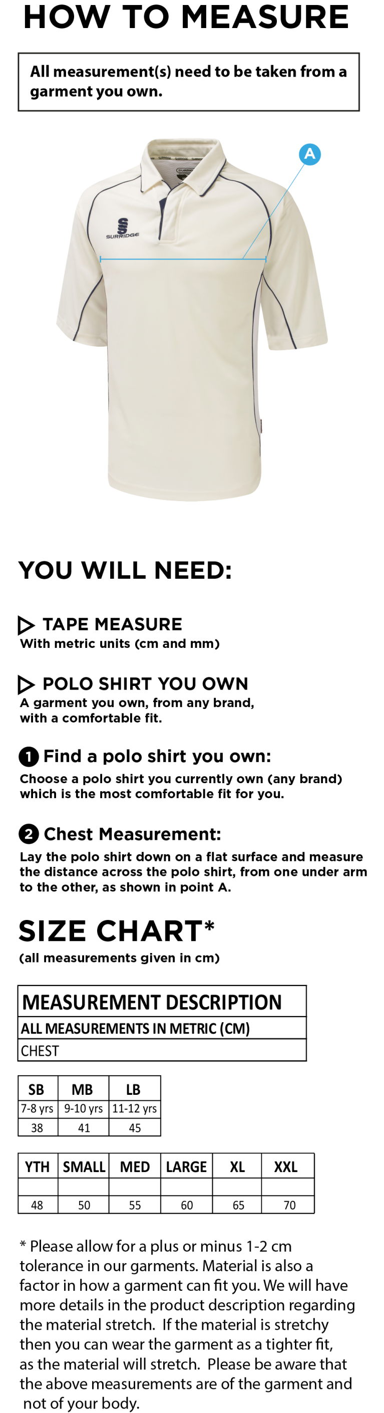 Whiteley Village Cricket Club Premier 3/4 Sleeve Playing Shirt - Size Guide