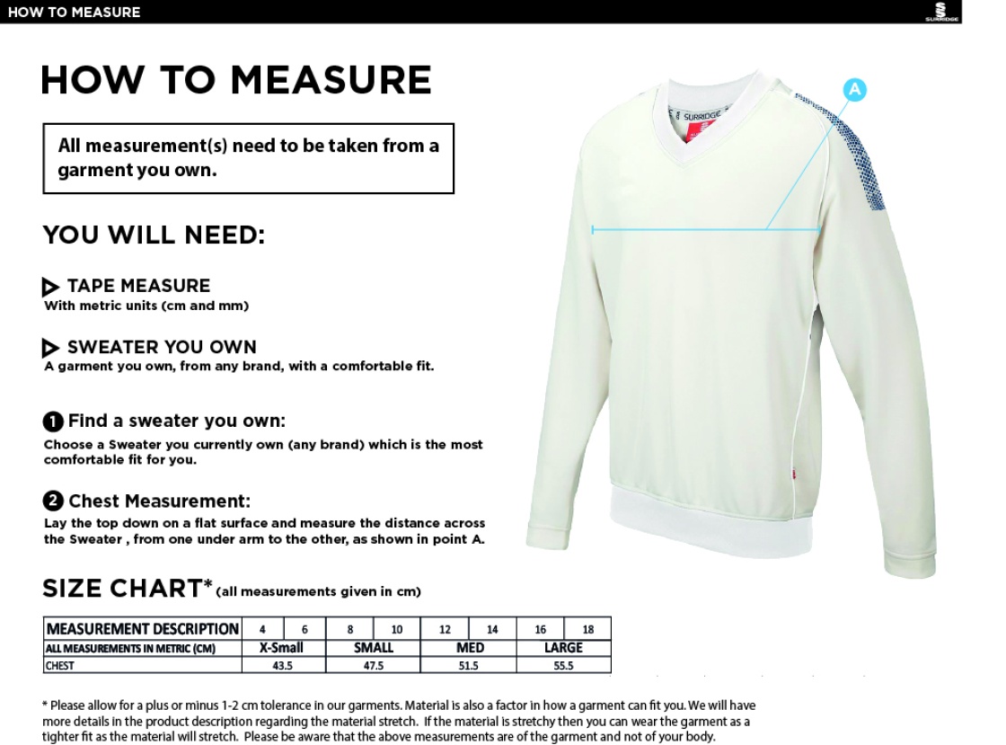 Whiteley Village CC Blast Long Sleeve Women's Cricket Sweater - Size Guide