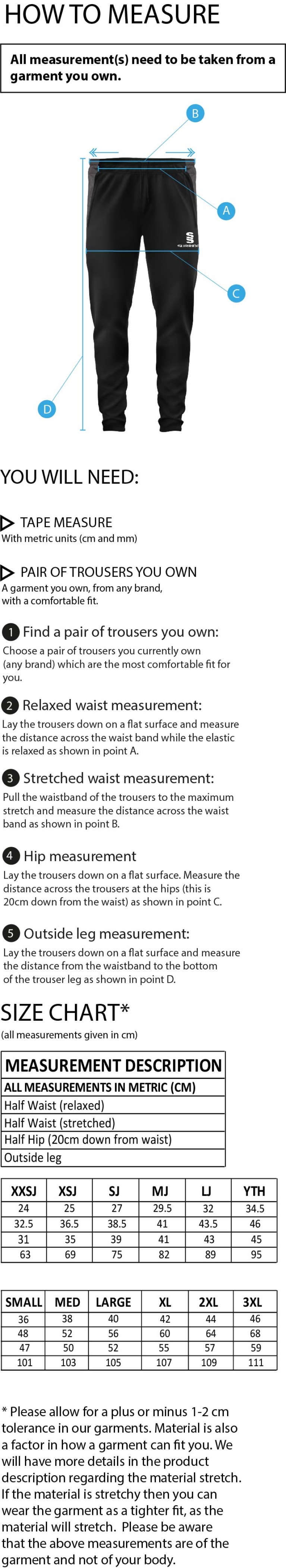 Whiteley Village Cricket Club Dual Tek Pants - Size Guide