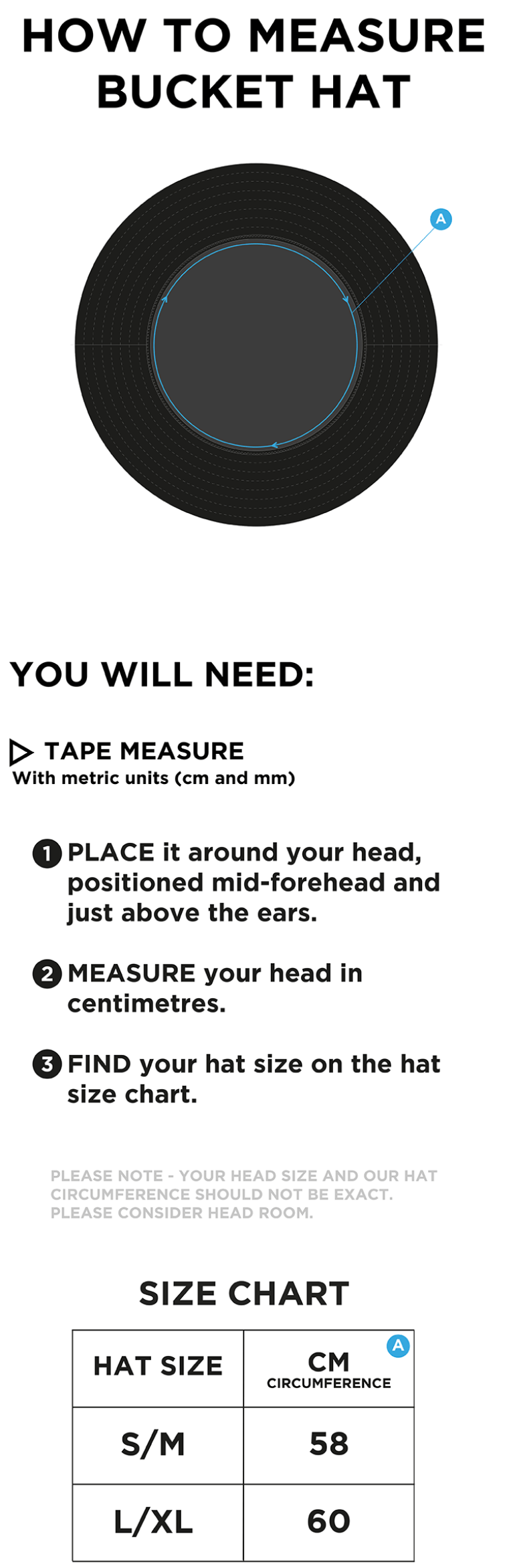 WHITELEY VILLAGE Dual Bucket Hat - Black - Size Guide