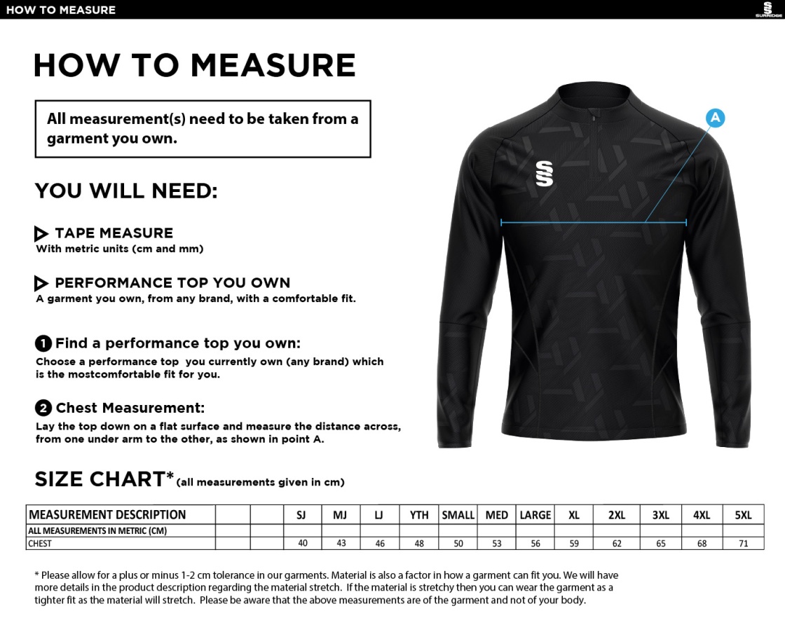 Whiteley CC Impact 1/4 Zip Performance Top : Black - Size Guide