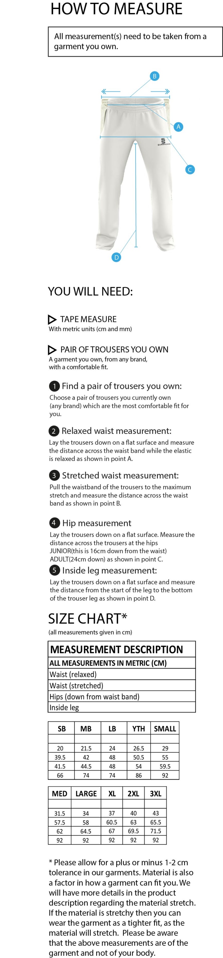 Whiteley CC Standard Playing Pant - Size Guide
