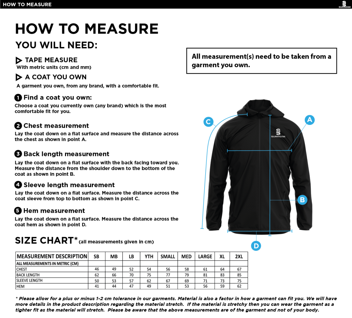 Whitley Village Cricket Club Lightweight Full Zip Training Jacket - Size Guide