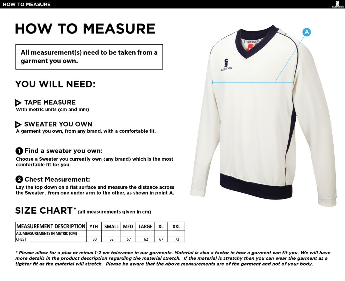 Whiteley Village Cricket Club Curve Long Sleeve Sweater - Size Guide